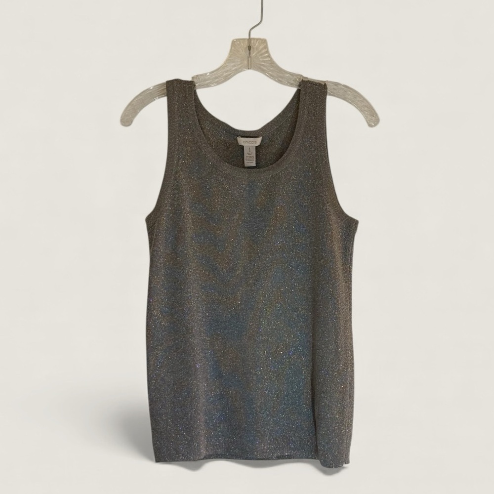 Chico’s Shimmering Chic Metallic Grey Sleeveless Sweater Tank- Chico Sz. 1 ~ New - Picture 2 of 11